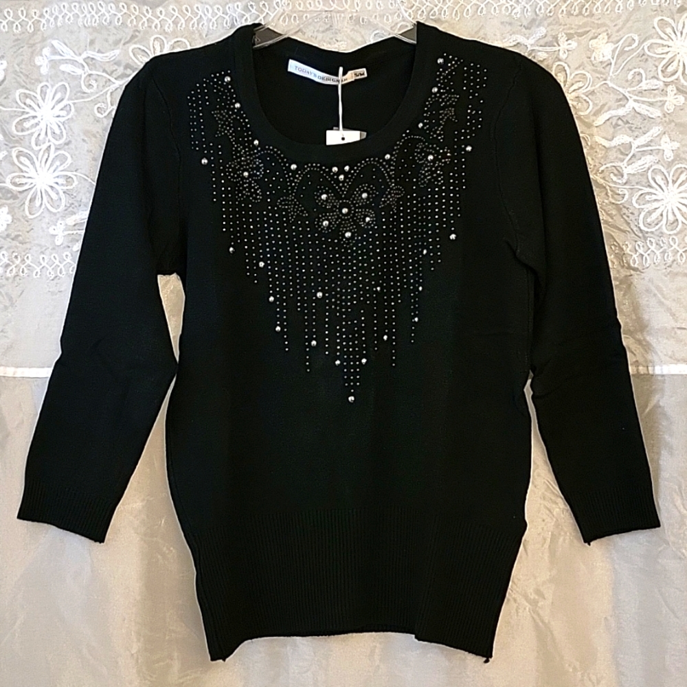 NEW Black & Silver Sparkly Pullover Sweater, 3/4 Sleeves, S/M